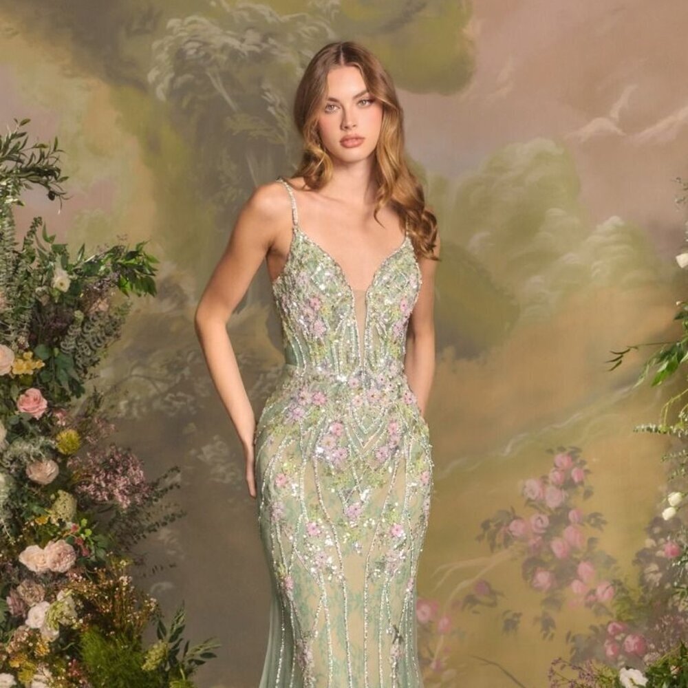 New Sage Floral Beaded Tulle Gown w/ Corset Bodice & Plunging Neckline CD A1500 - Picture 7 of 12